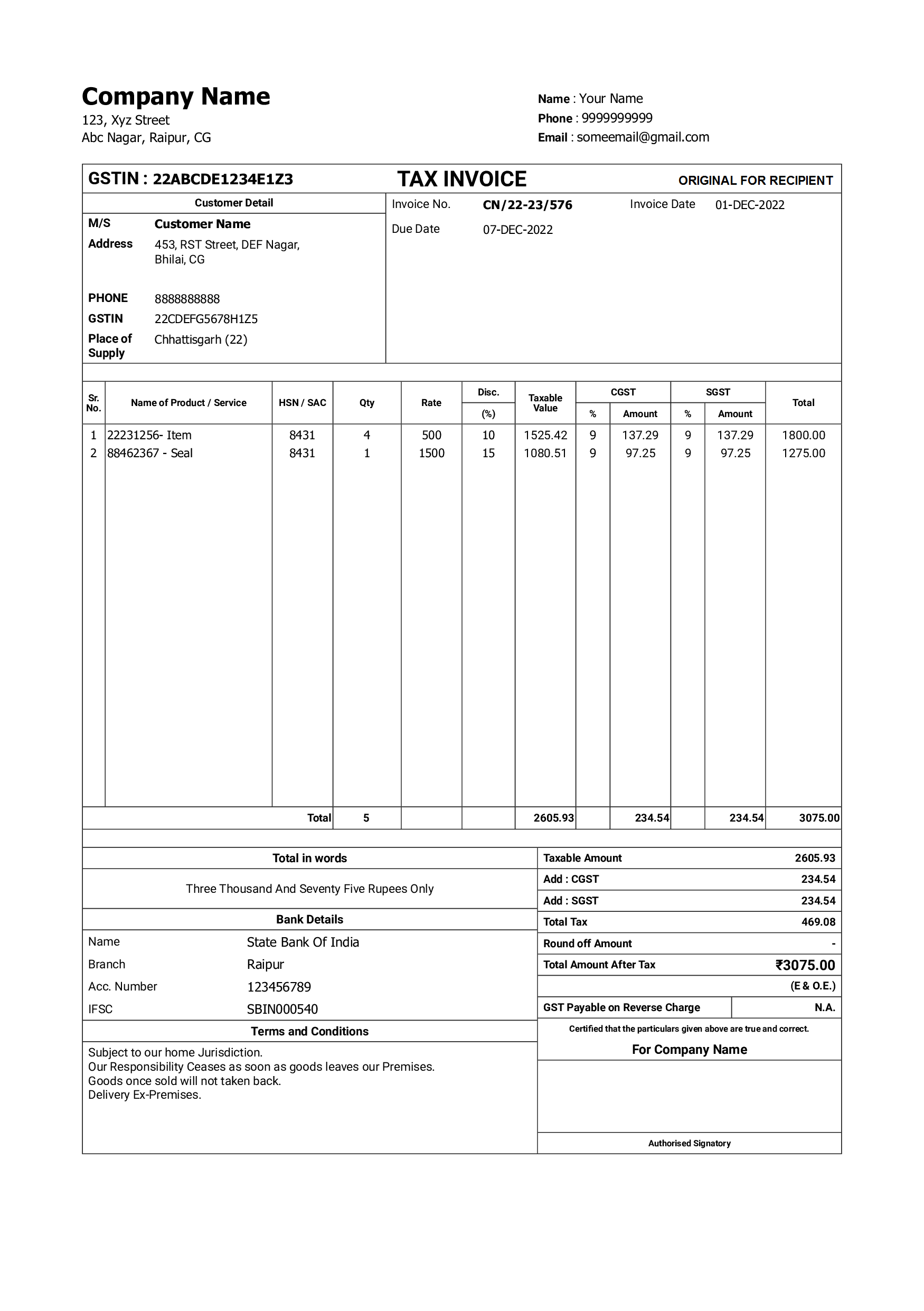 Indian Gst invoice template design in A4 size